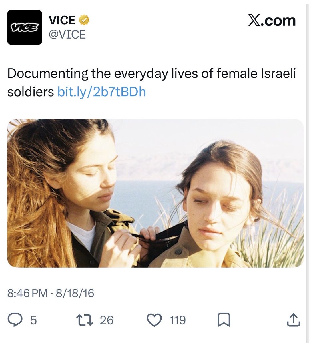 adamjohnsonCHI's tweet photo. Remember in 2016 when VICE ran two different photo spreads in five months sexualizing IDF soldiers in the creepiest, most non sequitur way possible? What was up with that https://t.co/XP2FEyGpvw