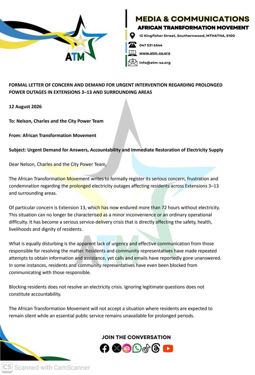 PriyaRanchod's tweet photo. @CityPowerJhb. Despite Acting CEO Charles Tlouane promising a response to our 12 August 2026 formal letter, Lenasia residents remain ignored. This ongoing silence proves communities are taken for granted. CP refuses to be accountable. @ZungulaVuyo
@ZamaNtshona @ATMovement_SA https://t.co/PZXSTlmPye