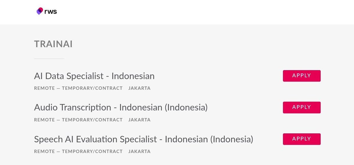 bimnttsion's tweet photo. RWS TrainAI lagi buka beberapa posisi buat bahasa Indonesia:
• AI Data Specialist – Indonesian
• Audio Transcription – Indonesian
• Speech AI Evaluation Specialist – Indonesian

Semuanya remote + temporary/contract, jadi bisa banget dicoba buat yang mau nambah pengalaman di bidang AI/data. Tinggal pilih role yang paling sesuai sama skill kalian dan langsung apply di website RWS.