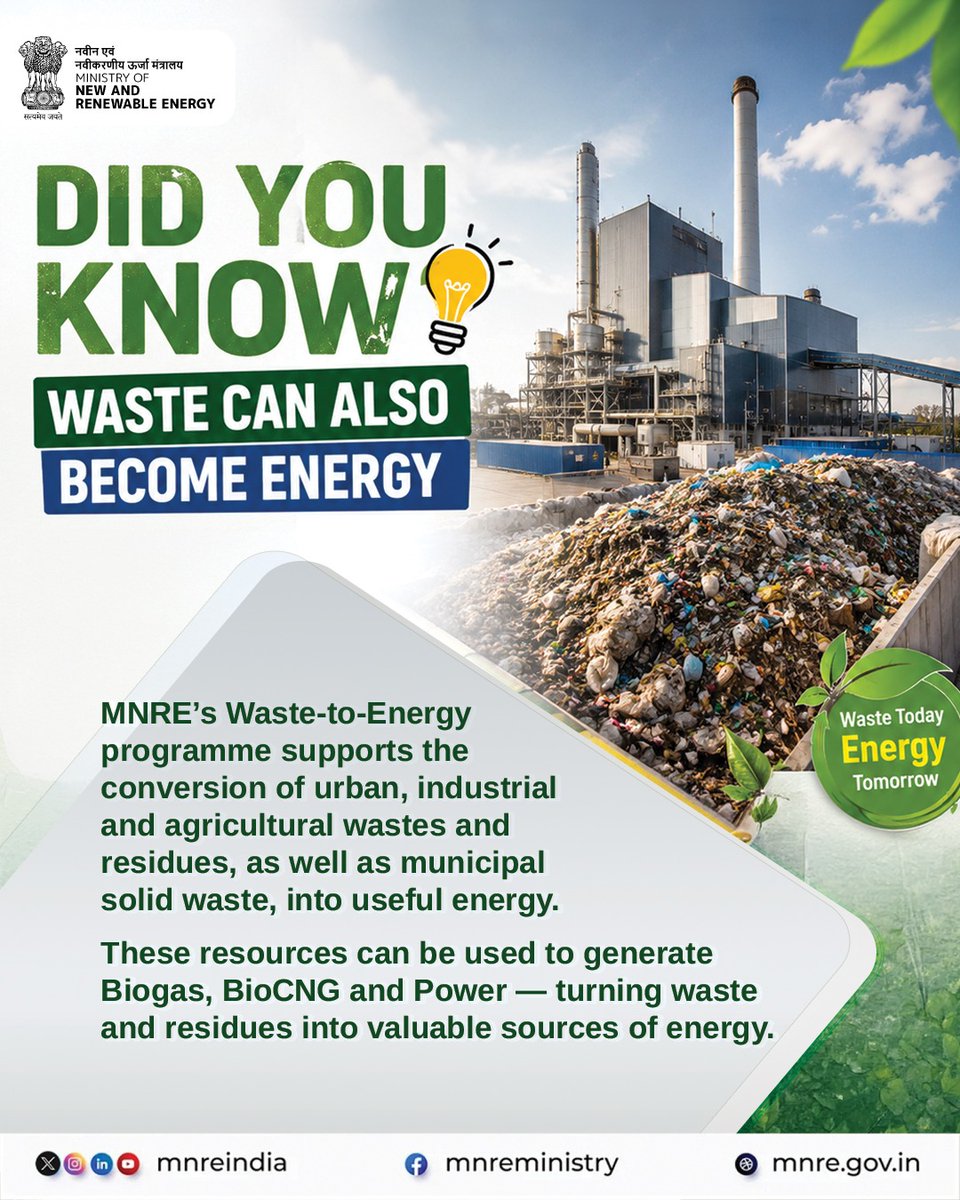 mnreindia's tweet photo. Through its Waste-to-Energy programme, MNRE is supporting the conversion of waste and residues into valuable energy resources — from Biogas to Power.

A reminder that what we discard can still have a purpose, and the resources around us can play a role in powering India’s energy needs.

#WasteToEnergy #Bioenergy #RenewableEnergy #MNRE