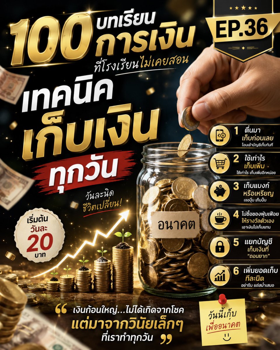 Seksan5554's tweet photo. EP.36 เทคนิคเก็บเงินทุกวัน 💰
อย่ารอให้มีเงินเยอะ…แล้วค่อยเริ่มเก็บ

หลายคนพูดว่า
“เงินเดือนแค่นี้ จะเอาที่ไหนมาเก็บ”

แต่ความจริงที่เจ็บกว่านั้นคือ…

บางครั้งเราไม่ได้เก็บเงินไม่ได้เพราะ รายได้น้อย
แต่เพราะเราใช้เงินทุกวัน
จนลืม “จ่ายเงินให้อนาคตของตัวเอง”

กาแฟ 60 บาท เราจ่ายได้
ของกินเล่น 50 บาท เราจ่ายได้
ค่าส่ง 40 บาท เราจ่ายได้
ของที่อยากได้ 200 บาท เราก็กดซื้อได้

แต่พอจะเก็บเงินวันละ 20–50 บาท
เรากลับรู้สึกว่า…

“เอาไว้ก่อน เดี๋ยวมีเงินเหลือแล้วค่อยเก็บ”

และคำว่า “เดี๋ยว” นี่แหละครับ
ที่ทำให้บางคนทำงานมาเป็นสิบปี
แต่หันกลับไปดูบัญชีแล้วแทบไม่มีอะไรเหลือเลย

━━━━━━━━━━━━

💰 เทคนิคเก็บเงินทุกวัน แบบที่ทำได้จริง

1. ตื่นมาแล้วเก็บก่อนเลย

อย่ารอเก็บตอนก่อนนอน
เพราะระหว่างวันเราอาจใช้จนหมด

ลองตั้งกฎง่าย ๆ ว่า

ตื่นเช้า → โอนเข้าบัญชีเก็บเงินทันที 20 บาท

วันละ 20 บาท
1 เดือน ≈ 600 บาท
1 ปี ≈ 7,300 บาท

จำนวนอาจดูไม่มาก
แต่สิ่งสำคัญกว่าตัวเงินคือ

คุณกำลังสร้าง “นิสัยเก็บเงิน”

━━━━━━━━━━━━

2. ใช้กฎ “ใช้เท่าไร เก็บเพิ่ม”

วันนี้ซื้อกาแฟ 60 บาท
ลองเก็บเพิ่ม 20 บาท

ซื้อของออนไลน์ 300 บาท
เก็บเพิ่ม 30 บาท

กินของอร่อย 500 บาท
เก็บเพิ่ม 50 บาท

วิธีนี้ทำให้ทุกครั้งที่เราใช้เงิน
เราจะไม่ลืมส่งเงินอีกส่วนหนึ่งไปหาอนาคต

━━━━━━━━━━━━

3. เก็บแบงก์หรือเหรียญที่กำหนด

เลือกเลยครับ เช่น

เจอแบงก์ 50 → ห้ามใช้
เจอเหรียญ 10 → หยอดกระปุก
ได้เงินพิเศษ → เก็บทันทีบางส่วน

อย่าดูถูกเงินเล็ก ๆ

เพราะเงินก้อนใหญ่ของหลายคน
ไม่ได้เกิดจากการเก็บครั้งเดียวเป็นหมื่น

แต่มาจากการเก็บหลักสิบ
หลักร้อย
ซ้ำแล้วซ้ำอีกเป็นเวลานาน

━━━━━━━━━━━━

4. วันที่ไม่ซื้อของฟุ่มเฟือย ให้รางวัลตัวเอง

วันนี้ตั้งใจจะสั่งกาแฟ 80 บาท
แต่ชงกินเอง

อย่าปล่อยให้เงิน 80 บาทนั้นหายไปกับอย่างอื่น

โอน 80 บาทเข้าบัญชีเงินเก็บทันที

ให้เรามองว่า

“วันนี้ไม่ได้ประหยัด 80 บาท
แต่วันนี้เราหาเงินให้อนาคตเพิ่มได้ 80 บาท”

ความรู้สึกต่างกันมากครับ

━━━━━━━━━━━━

5. ตั้งบัญชีเก็บเงินที่ “ถอนยาก”

ข้อผิดพลาดของหลายคนคือ
เก็บเงินไว้รวมกับบัญชีที่ใช้จ่าย

สุดท้ายเห็นยอดเยอะ
ก็รู้สึกว่า “ยังมีเงิน”

แล้วก็ใช้…

แยกบัญชีไปเลย

บัญชีใช้ชีวิต = ใช้ได้
บัญชีเงินเก็บ = ห้ามแตะ

ถ้าเป็นไปได้ ไม่ต้องผูกกับแอปซื้อของหรือช่องทางจ่ายที่ใช้ประจำ

ทำให้การถอนยากขึ้นนิดหนึ่ง
เพื่อให้เรามีเวลาถามตัวเองว่า

“จำเป็นจริงไหม?”

━━━━━━━━━━━━

6. เพิ่มยอดเก็บทีละนิด ไม่ต้องหักโหม

เดือนแรก วันละ 20 บาท
เดือนต่อไป วันละ 30 บาท
เมื่อรายได้เพิ่ม ค่อยขยับเป็น 50 หรือ 100 บาท

อย่าเริ่มด้วยจำนวนที่ทำให้ชีวิตลำบาก

เพราะเป้าหมายไม่ใช่
“เก็บให้เยอะที่สุดในเดือนนี้”

แต่คือ

“สร้างระบบที่เราทำต่อได้เป็นปี ๆ”

━━━━━━━━━━━━

ลองคิดดูครับ…

ถ้าเก็บวันละ 50 บาท
1 ปีประมาณ 18,250 บาท

5 ปีประมาณ 91,250 บาท

และนี่คือการเก็บเพียงวันละ 50 บาท
ยังไม่รวมเงินก้อน โบนัส ดอกเบี้ย หรือรายได้ที่เพิ่มขึ้นในอนาคต

แต่ถ้าวันนี้เรายังคิดว่า

“50 บาทเอง เก็บไปจะได้อะไร”

เราก็อาจใช้ 50 บาทนั้นหมดทุกวันเหมือนเดิม

ครบ 5 ปี…

คนหนึ่งมีเงินเก็บเกือบแสน
อีกคนอาจจำไม่ได้ด้วยซ้ำว่า
เงินวันละ 50 บาทหายไปกับอะไรบ้าง

━━━━━━━━━━━━

จำไว้นะครับ

คนเก็บเงินเก่ง ไม่จำเป็นต้องเริ่มจากเงินเยอะ
แต่เขาเริ่มจากการไม่ปล่อยให้หนึ่งวันผ่านไป โดยไม่เก็บอะไรเลย

วันนี้ 20 บาทก็ได้
50 บาทก็ดี
100 บาทยิ่งดี

จำนวนไม่สำคัญเท่ากับคำว่า

“ทุกวัน”

เพราะเงินก้อนใหญ่
เกิดจากเงินก้อนเล็กที่เราไม่ยอมใช้หมด

และวันหนึ่งเมื่อชีวิตเกิดเรื่องไม่คาดคิด
คุณจะขอบคุณตัวเองในวันนี้มาก ๆ ที่เคยตัดสินใจว่า…

“ต่อให้หาได้ไม่มาก
ฉันก็จะไม่ใช้จนหมดอีกแล้ว” ❤️

แล้ววันนี้คุณเก็บเงินวันละกี่บาทครับ
20 / 50 / 100 / มากกว่านั้น?