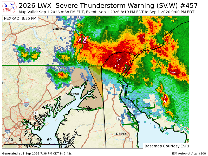 iembot_lwx's tweet photo. LWX continues Severe Thunderstorm Warning [wind: 60 MPH (RADAR INDICATED), hail: <.75 IN (RADAR INDICATED)] for Cecil [MD] till 9:00 PM EDT https://t.co/a3VXG9wu0R https://t.co/dcy4d3Jn8y