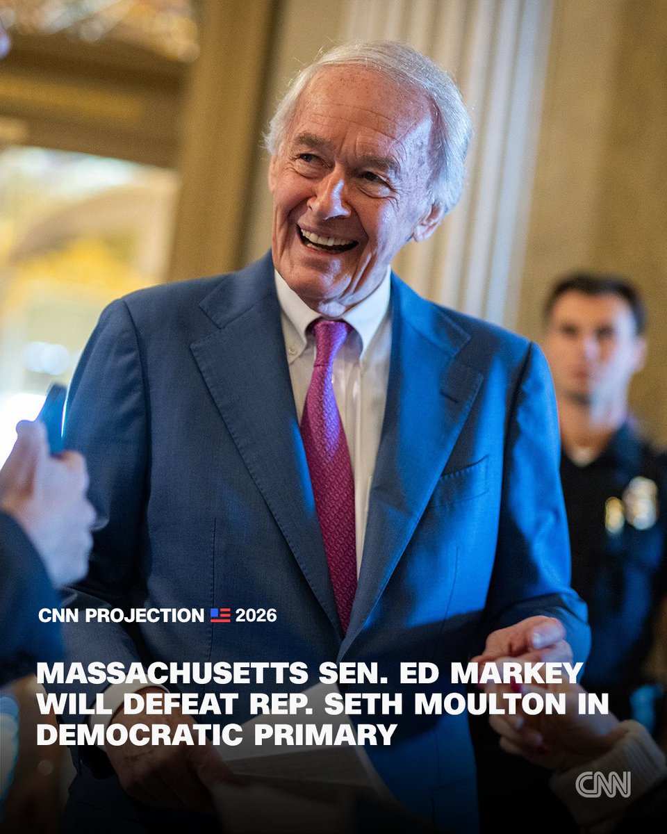 CNN's tweet photo. Sen. Ed Markey will win the Democratic nomination for US Senate in Massachusetts, CNN's Decision Desk projects, fending off a primary challenge from Rep. Seth Moulton as he seeks a third full term. https://t.co/nsOnjPnqab https://t.co/FC8H9WqyHX