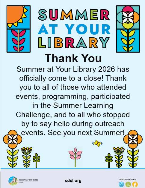 SDCountyLibrary's tweet photo. Another Summer at Your Library campaign in the books. Thank you to all those who participated throughout the Summer and shout out to all of our San Diego County Library staff who make it possible. Until next year! 📚😎☀️ https://t.co/KdU9A2tput