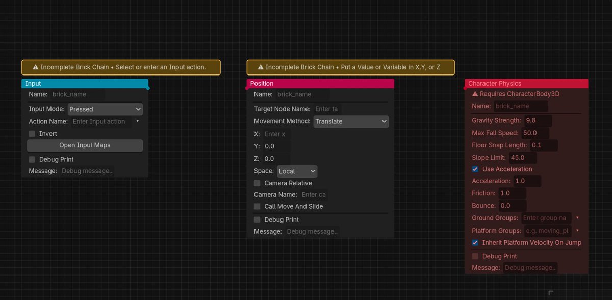 BriThe3DGuy's tweet photo. Been working on making the logic bricks "Student-Proof". Changing names to be more intuitive, adding loads of warnings if something is incomplete or done wrong, color coding, new menus, etc...
#godotengine #visualscripting #gamedev https://t.co/TNz6WcKFQb