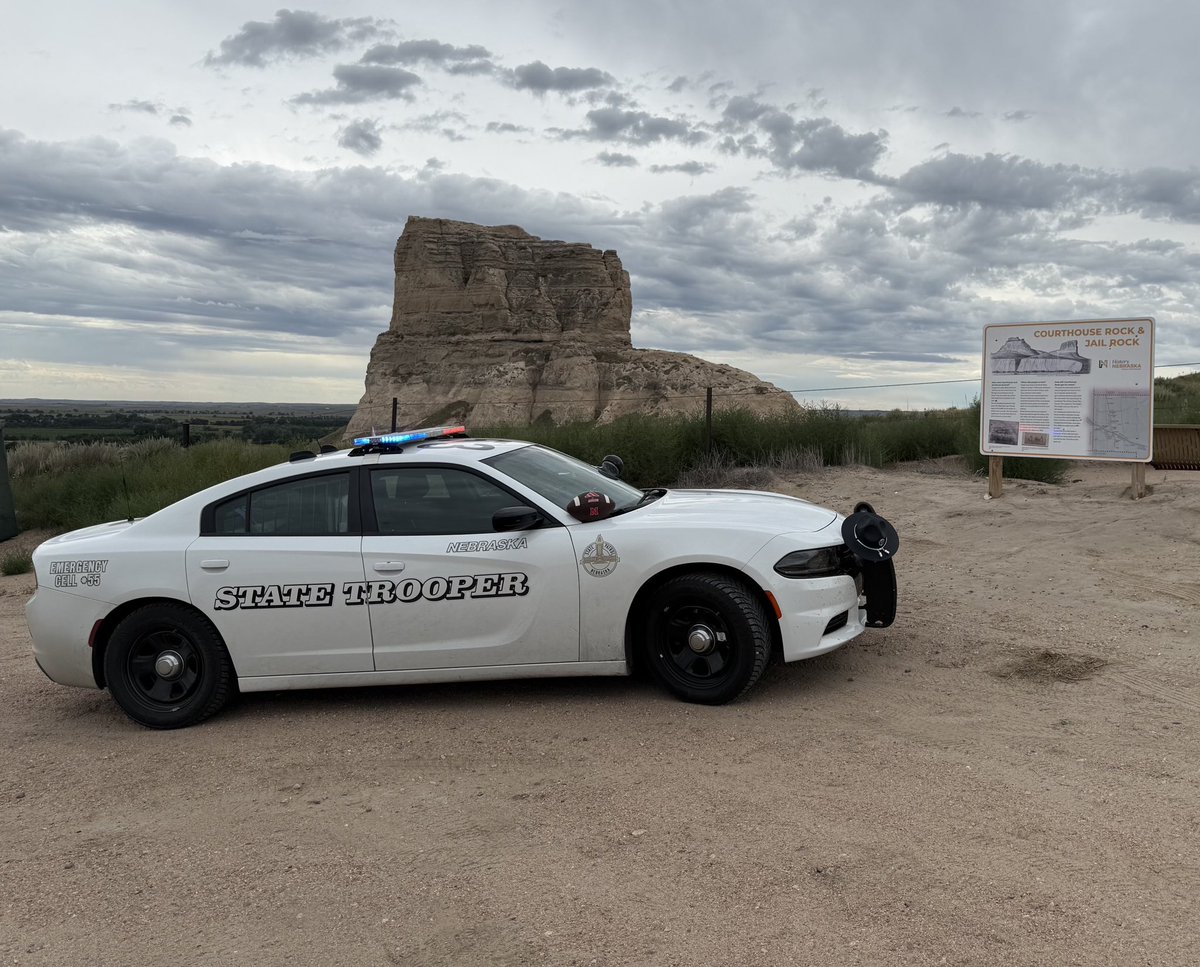 NEStatePatrol's tweet photo. The Huskers #GameBallRelay made it all the way west to the beautiful Nebraska Panhandle! 

Trooper Kleich brought it to the @scbpubschools Football team and the National Monument. Troopers Miller and O’Hearn made a stop at Courthouse Rock & Jailhouse Rock. Sgt Sinnett visited the defending D6 6-man State Champs in Garden County! 

The ball isn’t done in the Panhandle, but is ready to start the trek back to Lincoln through the northern part of the state.