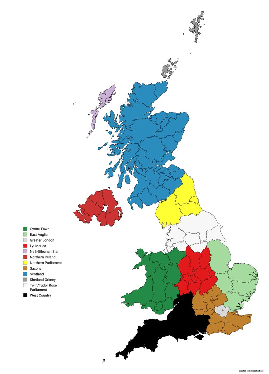 Itz_Kipper's tweet photo. This is probably the final iteration of the map I'll do, I've taken on board everyone's advice and actually triple checked it this time to avoid stupid mistakes.

Lancaster could probably have it's own parliament but I feel like it'd be too small all things considered. https://t.co/wuYKTTl2Nf