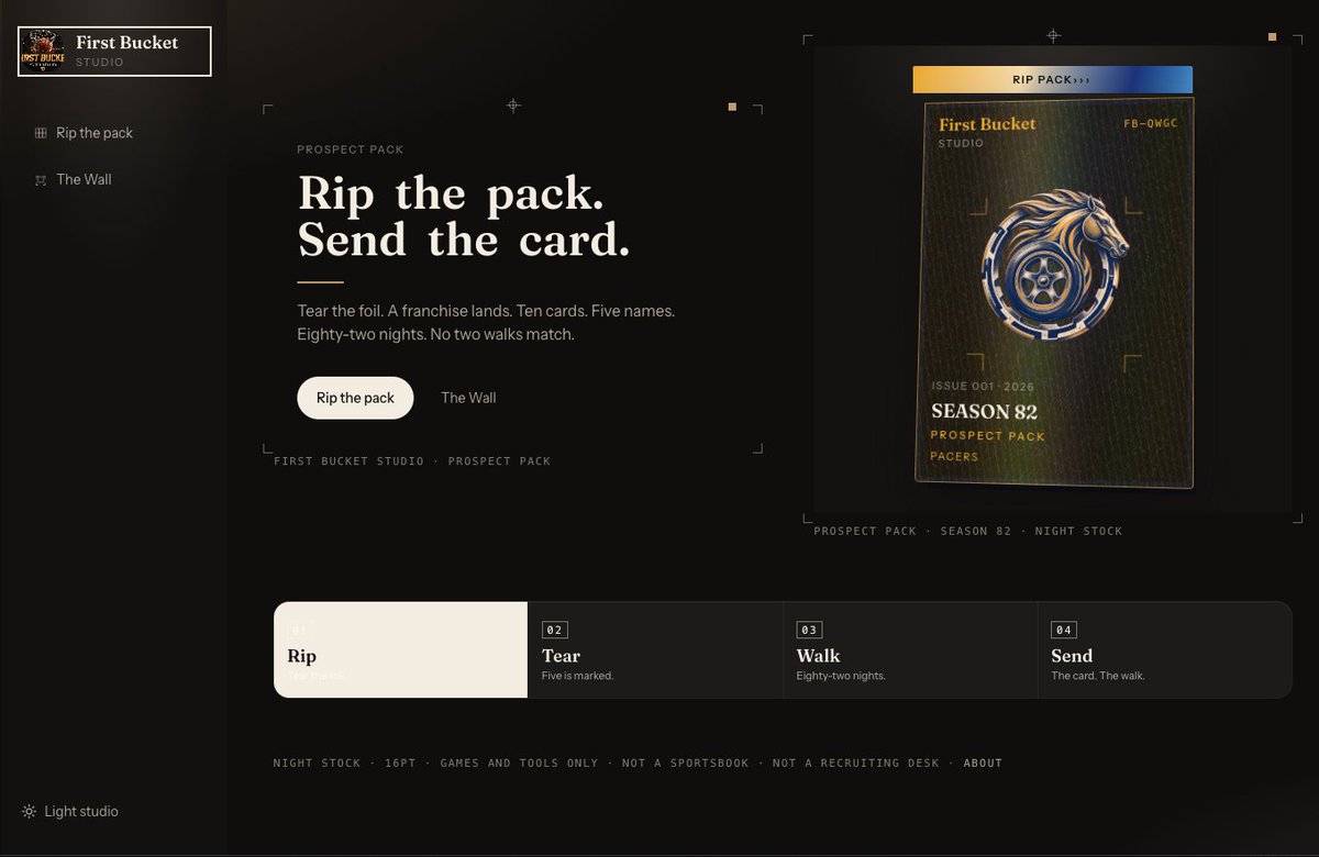 IAmAdrianSwish's tweet photo. Check Out "First Bucket Studios' 

Rip a Basketball Pack in the Browser. 

Ten Cards. Five Names. 82 Nights. 

The Card is a PNG. 

The Walk is a URL. 

NBA · WNBA · Holographic Foil

https://t.co/vkRFlee7Ar

Source (MIT, fork it): https://t.co/LkHaC4H8M1 https://t.co/ZSG6BtXkTj