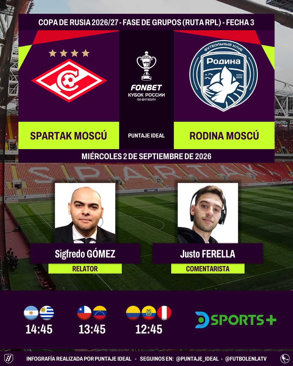 Puntaje_Ideal's tweet photo. ⚽ #CopaDeRusia 🇷🇺 | #SpartakMoscú vs. #RodinaMoscú 
🎙️ Relator: @SigfreGomez 
🎙️ Comentarista: @FerellaJusto 
📺 @DSports + Sudamérica
💻📱 @DGO_Latam
🤳 #CopaDeRusiaEnDSPORTS - #FutbolEnDSPORTS - @DGO_Latam - #RussianCup
Dale RT 🔃 https://t.co/4IBzMEWrSe
