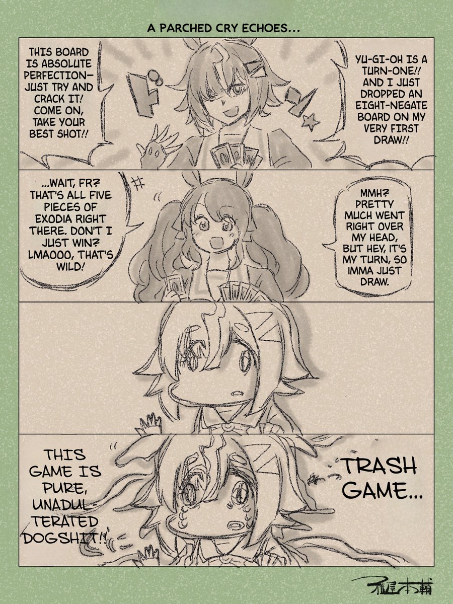 EspokunCity's tweet photo. Feeling so sick, this is literally me right now by @H_Miyabiya 

Please support the original artist's works!

#UmaTranslations #Umamusume 
#ウマ娘 #ウマ娘譲
---
Jordan showing the absolute strongest strat: Destiny Draw! https://t.co/W9rvslkODU