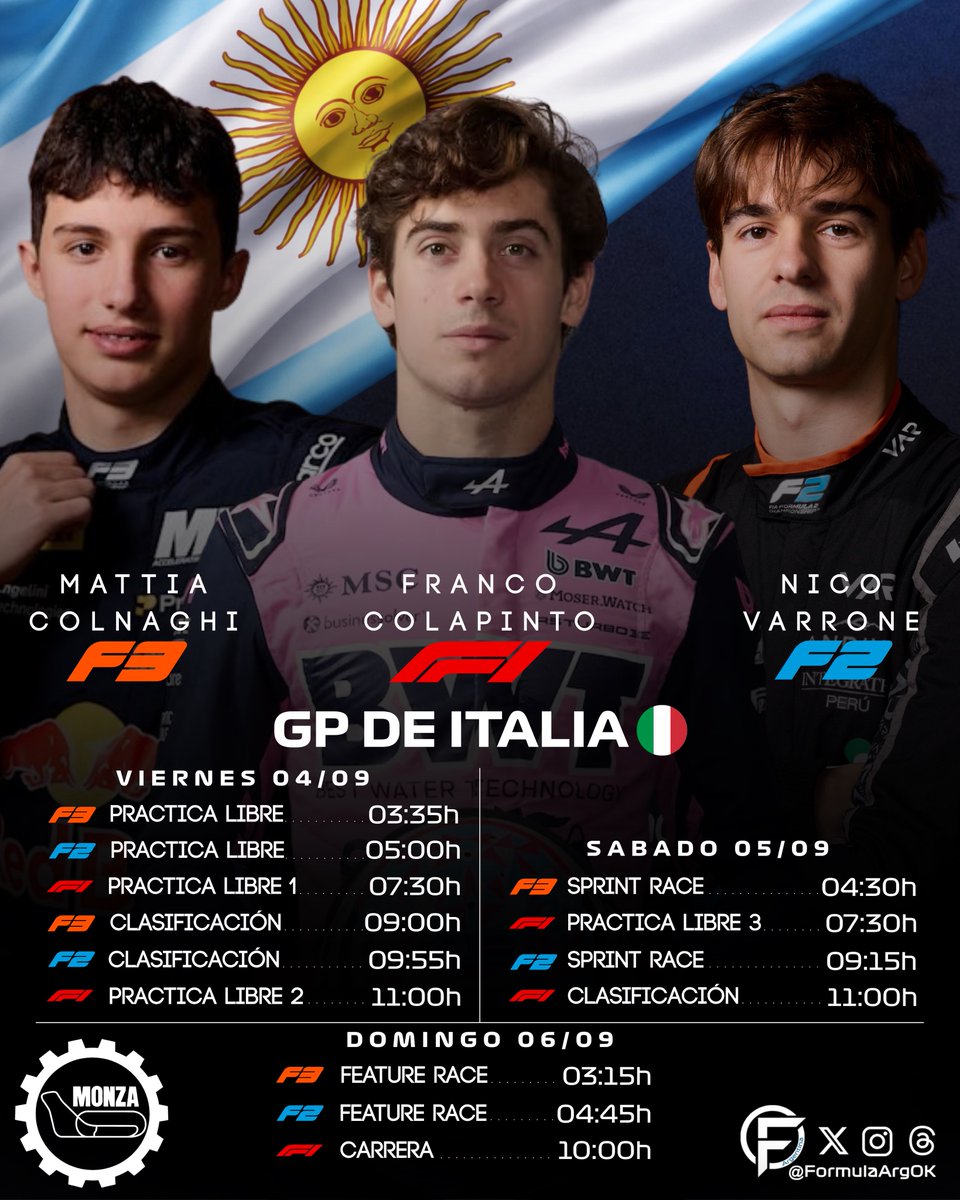 FormulArgOK's tweet photo. 📢|| Fin de semana del #ItalianGP🇮🇹

Todos los horarios de Argentina🇦🇷 para seguir a @FranColapinto, @NicoVarrone y Mattia Colnaghi durante el fin de semana en Monza!

#F1 #Colapinto #Varrone #Colnaghi #Formula1 https://t.co/0c7wln39cL