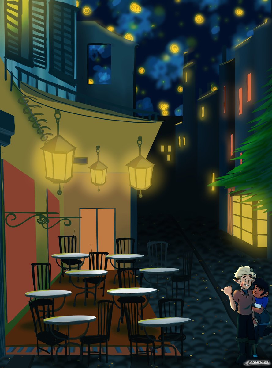 Vnimrod1's tweet photo. "Cafe de noche"
Me gusto esta actividad planteada por @GoldenS16700300 espero poder tener mas de esto en el futuro. Inspirado en una de las pinturas de Van Gogh. 
Y aun estoy peleado con el renderisado y los puntos de fuga pero pronto pronto #lunter #luzxhunter #hunceda #theowlhousefanart