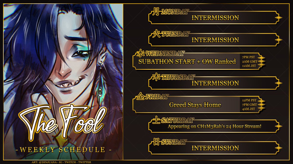 TheFoolVT's tweet photo. ◇ WEEKLY SCHEDULE ◇
[ Aug. 31 - Sept. 6 ]  

A short week this time around, ya Jester is busy. BUT we have the start of my subathon &amp; OW ranked (pray for me) and Greed Stays Home (fr this time)
---
#TheFoolVtuber
--- 
schedule art by @/Dinjuana💙 https://t.co/qS9b4Y4sxk