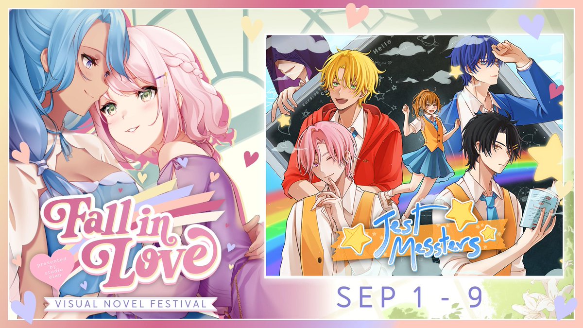 ElSeth6's tweet photo. Jest Messters is joining Fall in Love Fest, hosted by @vnstudioelan! 💖

The festival has STARTED!! Go and check out the page!

A lot of streamers will be covering JM, so check out my reposts to see their schedule!

🔗 https://t.co/DbXINzhEGV

#FallinLoveFestival #otome #vndev https://t.co/VHU5q2T1IM