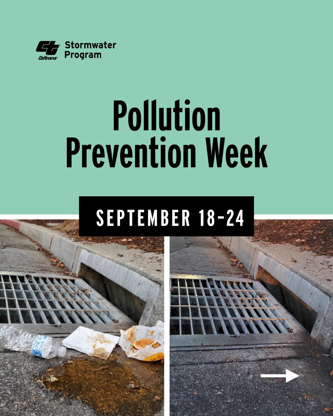 Caltrans Stormwater Program graphic promoting Pollution Prevention Week, September 18–24. Photos show litter and food waste near a storm drain, followed by a clean storm drain. An arrow indicates to swipe to the next slide.