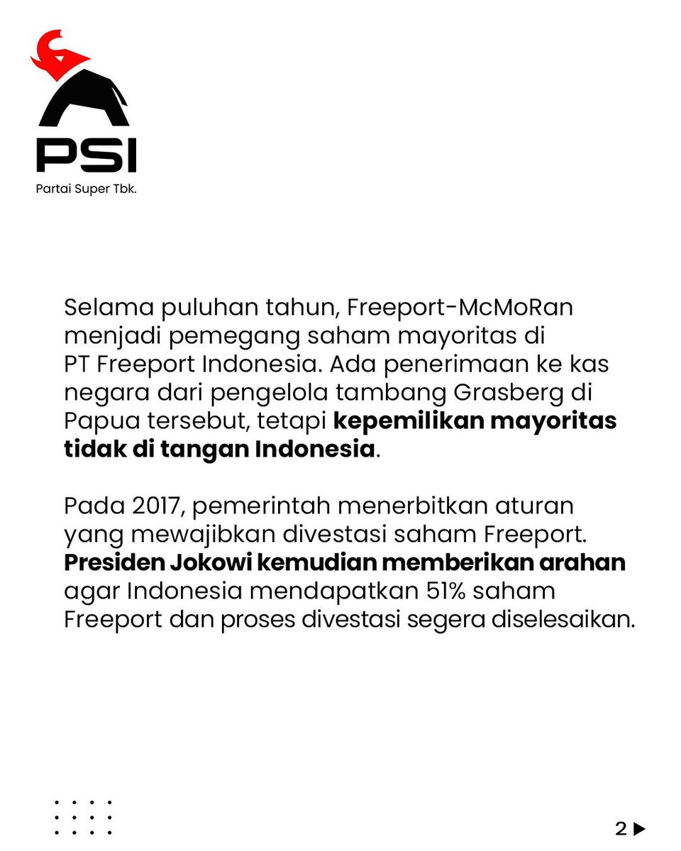 psi_id's tweet photo. Dari hanya 9,36%, kini Indonesia jadi pemegang saham mayoritas PT Freeport Indonesia sebesar 51,23% 🇮🇩✨

Langkah strategis divestasi di era Pak Jokowi ini bukan sekadar angka. https://t.co/u0kSPX5l3k