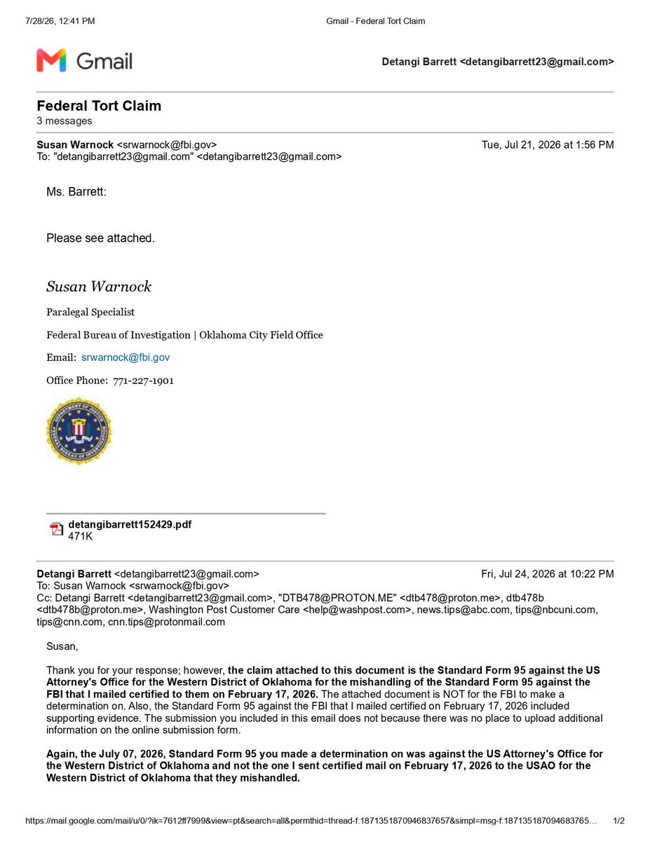 DetangiB's tweet photo. GoFundMe: False Eviction & FBI Harassment: Help Me Survive

The FBI deleted my FIRST fundraiser: help-de-stay-safe-and-housed

NEW GoFundMe link: https://t.co/KdmCEToDwq
GoFundMe profile: https://t.co/RMDi0Bi4Eo

I’m De, and I’m creating this fundraiser for myself, Detangi Barrett, because I am trying to stay safe and stable while dealing with what I believe has been ongoing harassment and retaliation by the Oklahoma City FBI and their accomplices.

In February 2026, I found a notarized court summons that had been modified in handwriting. It said I was being evicted from Elevate Apartments on N. May, where I had been living and paying my rent on time, for allegedly threatening an employee. The modified version also added false claims that I had threatened other tenants and was a threat to myself. Those statements were untrue. I am not a criminal, and I am not homicidal or suicidal. I brought this modified document to the Oklahoma State Court Network Clerk’s office regarding (https://t.co/hj4ImFPzsp) docket SC-2026-2204, along with evidence that the FBI had transferred my phone service to one managed by them, which I had also submitted to the FCC on September 4, 2026. None of that evidence was uploaded to my docket, and after I submitted the phone evidence, it was deleted from my drive. Because I feared for my safety, I left my apartment and moved into a hotel, leaving most of my belongings behind.

I have tried countless times to notify the DOJ OIG of the crimes I believe were committed against me, including sending a Standard Form 95 by USPS certified mail on February 17, 2026 to both the US Attorney’s Office for the Western District of Oklahoma and the US DOJ OIG, but neither office had a copy of my documents. I spoke by phone with Vicky M., who signed for them, and I received no cooperation. On Monday, July 6, 2026, I went to the USAO for answers and spoke with Defense Attorney Scott M., who first said the USAO does not accept Standard Form 95 forms, then later told me to bring one to the receptionist to be scanned into their system.

On Tuesday, July 7, 2026, I returned with a Standard Form 95 against the USAO for mishandling my documents. When I then tried to submit that claim to the DOJ OIG through its fraud and abuse website, I believe it was intercepted by the OKC FBI because they responded to my July 7 submission and said they would not investigate my claim against the USAO, even though they should not have had access to it. (See OKC FBI email and attachments at https://t.co/1R3RmeAX4n @DetangiB post: https://t.co/NEsDGhQj3U

Please go to the above link to see the FBI's response to the Standard Form 95 against the USAO for the Western District of Oklahoma

I am still living in a hotel, and I am running out of funds. I urgently need help staying housed, covering daily essentials, and maintaining some stability while I seek legal assistance and try to protect myself. I also need help connecting with a First and Fourth Amendment attorney, and I am asking anyone who can to notify the media and the US DOJ OIG about what I have reported. I publicly posted the Standard Form 95 against the USAO on X at @DetangiB, and I believe my X account has also been hacked. Right now, I am trying to avoid being priced out of temporary shelter and forced onto the street while my communications and legal submissions continue to be interfered with.

The FBI is still at it. Now, they are trying to ensure I receive no donations on GoFundMe. They are actively hacking my GoFundMe and banking app. Yesterday, August 15, 2026, I reported issues I was having to GoFundMe Support. Today, I have a new issue with my GoFundMe app and I can't even get to the login prompt for my banking app. The FBI hack all of my devices and apps.

I provided an additional GoFundMe link and instructions on how to find my GoFundMe campaign below because when I clicked the shorter link I received error message "502 gateway error". The FBI just won't stop...

Please help me put an end to the FBI's crimes against me.

Contact the Washington Post, NY Times, NBC, ABC, MSNBC, CNN, FOX News and any other news outlet you can think of. I really need someone to investigate this horrible situation I am in with the FBI.

I can only be reached in person. I work at JCPenney at Penn Square Mall. I stay at Sleep Inn & Suites, 5200 North Classen Circle, OKC, OK 73118 room#401.

Please help in any way you can, whether through a donation, sharing my story, or connecting me with legal and media support. Your kindness and advocacy mean everything to me right now. I could use your help with my fundraiser on GoFundMe. Please share, support, or donate—every small action counts.

The FBI deleted my FIRST fundraiser: help-de-stay-safe-and-housed

NEW GoFundMe link: https://t.co/KdmCEToDwq
GoFundMe profile: https://t.co/RMDi0Bi4Eo

After I asked everyone to contact the DOJ OIG, GoFundMe removed the 2 documents that proved the FBI intercepted my July 07, 2026 submission. They only deleted the most pertinent documents. The one showing the OKC FBI refusing to investigate the US Attorney Office for the Western District of Oklahoma and the other document was of the Standard Form 95 against the USAO for the Western District of Oklahoma that the intercepted and responded to. I've requested they add these two documents back because they prove I am being truthful in my statements and that the FBI are intercepting my online submissions to the DOJ OIG which is a violation of my First Amendment Rights to petition the government.

I am sharing the folder with the redacted images as well.
https://t.co/dn4b1gCeDI

Let me add, to anyone willing to help the FBI cover-up their crimes, keep in mind there is penalty for aiding and abetting as well as being accessory after the fact. The FBI have engaged in far worse crimes against me than violating my civil rights. My situation is very real and even more dire. Please be a help and not a hindrance.

I ask that EVERYONE go to the US DOJ OIG Fraud & Abuse website and submit my story. Please copy & paste my story and include the images as evidence. You can submit anonymously on my behalf.

Please donate.

Thank you, Detangi Barrett
(x/twitter @DetangiB)