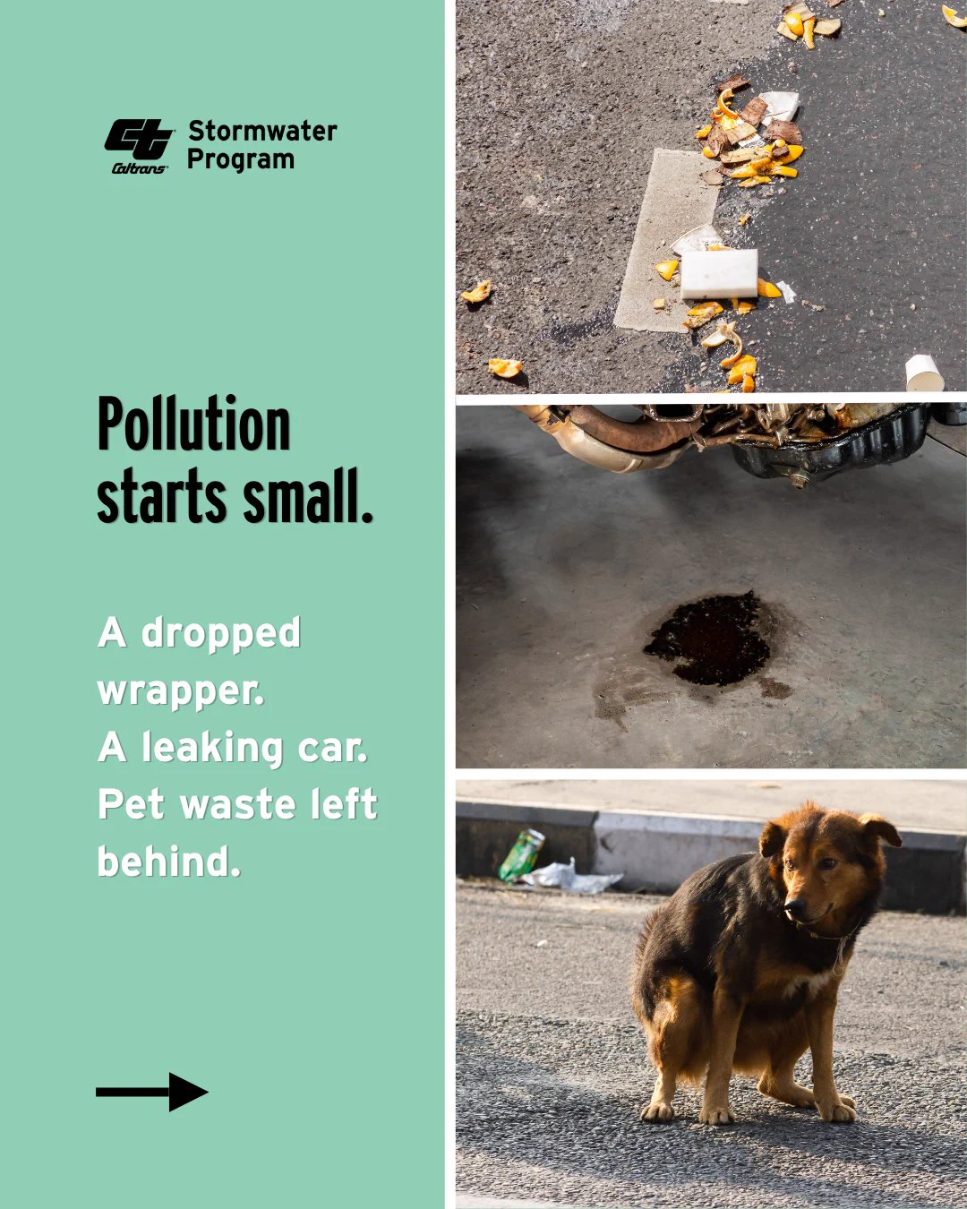 Caltrans Stormwater Program graphic reading, “Pollution starts small.” Photos show food waste and litter on pavement, an oil leak beneath a vehicle, and a dog near litter. Text reads, “A dropped wrapper. A leaking car. Pet waste left behind.” An arrow indicates to swipe to the next slide.