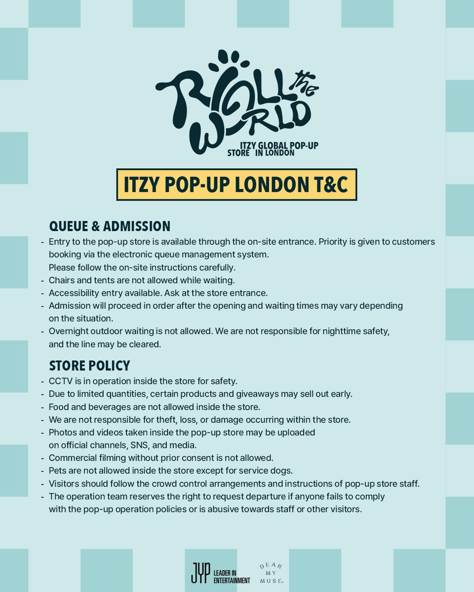 musevibes_dts's tweet photo. 🇬🇧
ITZY x TWINZY GLOBAL POP-UP STORE "ROLL THE WORLD" IN LONDON

📢 DETAILED INFORMATION

📅 09.09.2026(WED) - 13.09.2026(SUN)
⏰ 9th,13th: 11:00 - 19:00
10th,12th: 11:00 - 20:00 (1 hour later)
11th (concert day): 10:00 - 19:00 (1 hour earlier)
(GMT)
📍 The Sidings Waterloo, Waterloo Station, London
 
#ITZY #MIDZY @ITZYofficial
#TWINZY #ROLL_THE_WORLD_POPUP #TWINZY_POPUP_IN_LONDON