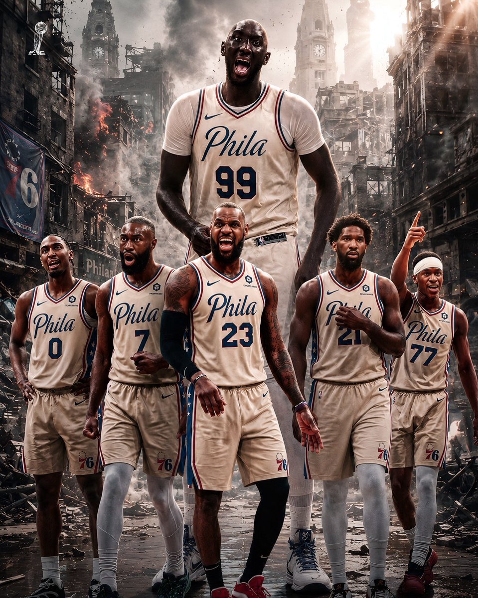 AngelLyonshdsi's tweet photo. The NEW LOOK Philadelphia 76ers🔥

Sixers death lineup:

— VJ Edgecombe
— Tyrese Maxey
— Jaylen Brown
— LeBron James
— Joel Embiid
— Tacko Fall

The SCARIEST team in the NBA!😤 https://t.co/RF2vcY86go