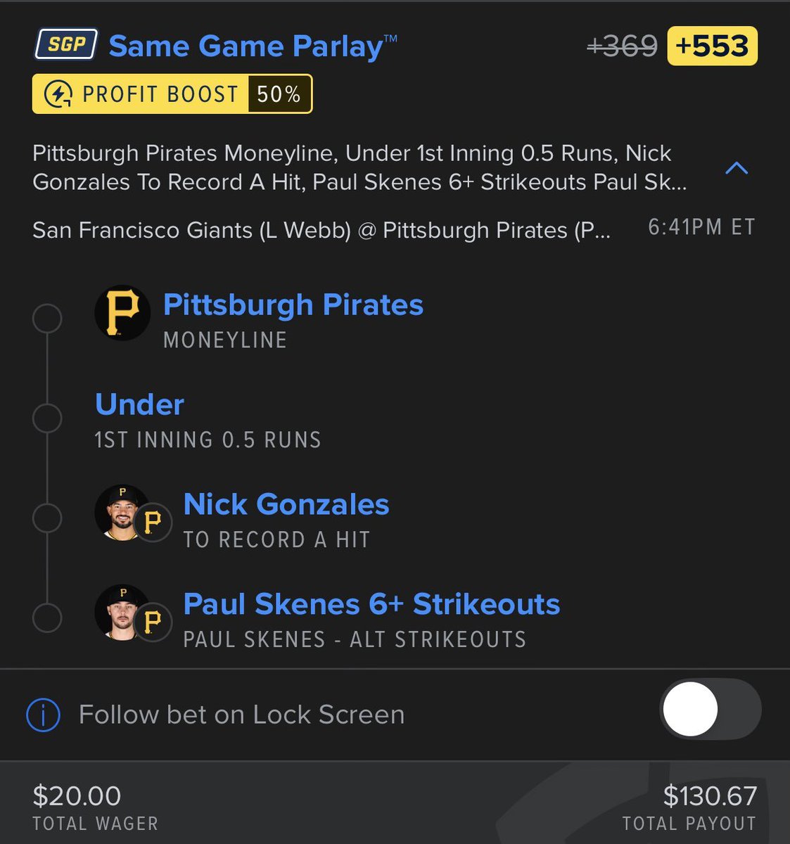 AngelLyonshdsi's tweet photo. 4-leg SGP Pirates vs Giants locked ⚾🔥

Riding with the Pirates 💰

Let’s cash this one 📈
Who’s tailing? ��📲

⚾ Pat Pack – 4 Leg Edition | Sept. 1
🔹 Pirates ML
🔹 NRFI
🔹 Nick Gonzales 1+ Hit
 Paul Skenes 6+ Strikeouts
📈 50% Boost | +553 Odds
#GamblingX #BettingX
@Playbook https://t.co/pzxNmNXFyi