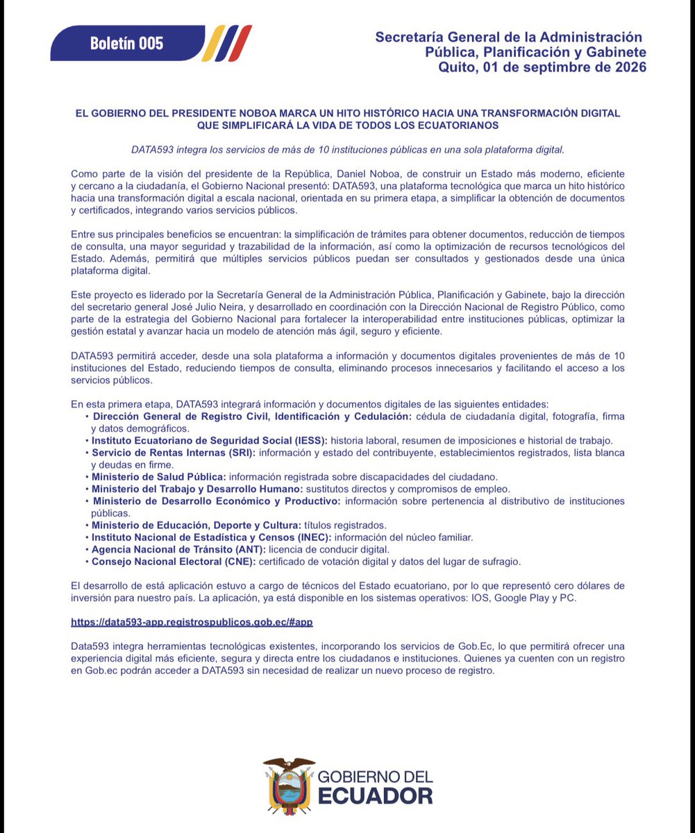 PlanificacionEc's tweet photo. 📲Ecuador avanza en su #TransformaciónDigital🇪🇨

La nueva plataforma #DATA593 ha sido diseñada para simplificar la vida de los ecuatorianos. Permite acceder a los documentos y certificados más importantes sin hacer filas ni esperar turnos. 

🤝Son más de 10 las instituciones integradas en esta herramienta digital puesta al servicio de los ciudadanos, con un costo cero. Progresivamente se sumarán otras instituciones y servicios.

✅Un #EcuadorEficiente piensa todo el tiempo en innovación y productividad. 

#HacemosQueLasCosasPasen 🇪🇨