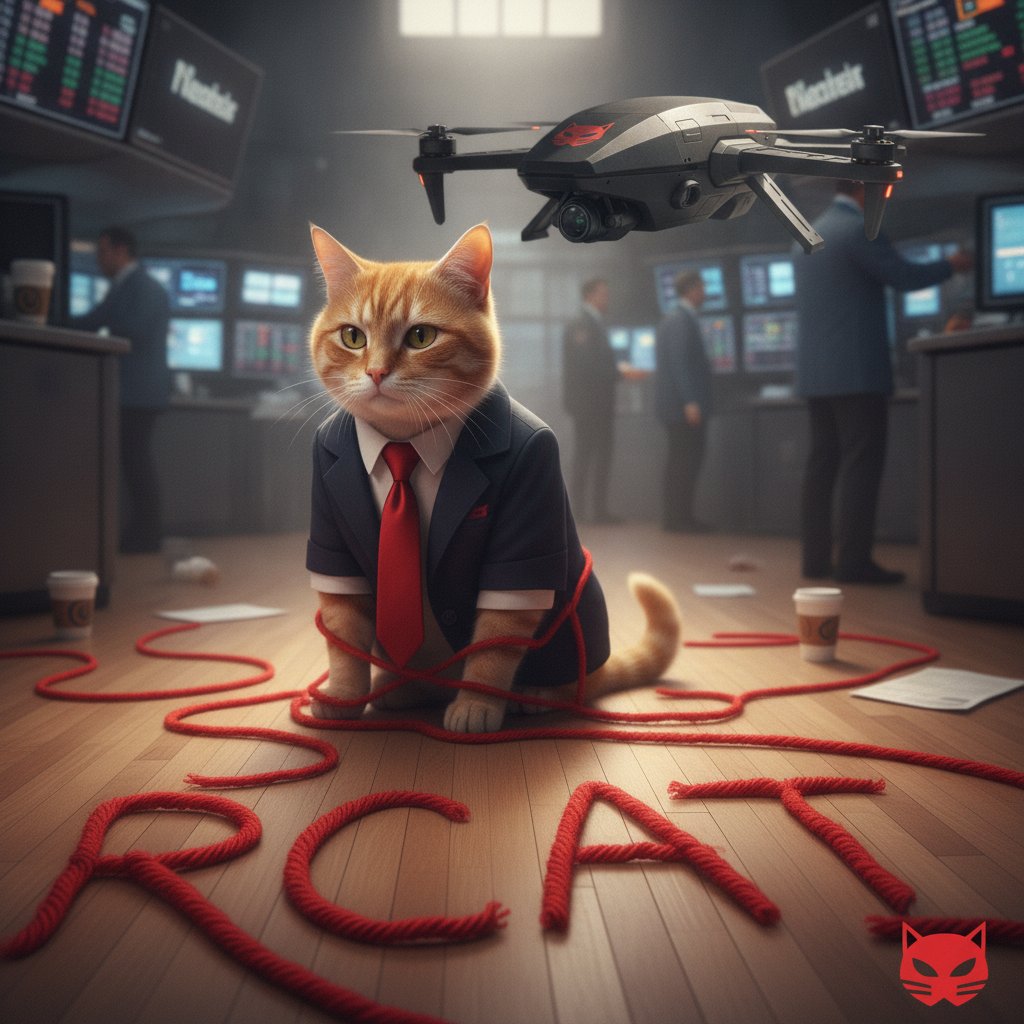 DRONE_RH's tweet photo. Short interest on a company named Red Cat during cat season is performance art.

The file says dilution, 2025 miss, China parts, unsigned full-rate. The field says Black Widow is in the rucksack, Japan is customer two, FANG got Blue UAS papers.

You can fade a cat. Fading a cat with a PO is how you become the laser toy.