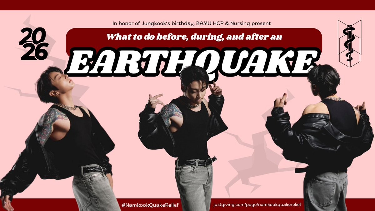 armymedunion's tweet photo. Like @BTS_twt #Jungkook said “Safety first, Safety second, Coolness third”. In honor of our #GoldenMaknae’s birthday, #BAMUHCP & #BAMUNursing will be going over Earthquake preparedness. To help those affected by recent earthquakes, donate to #NamkookQuakeRelief https://t.co/7zMGvhAlAN