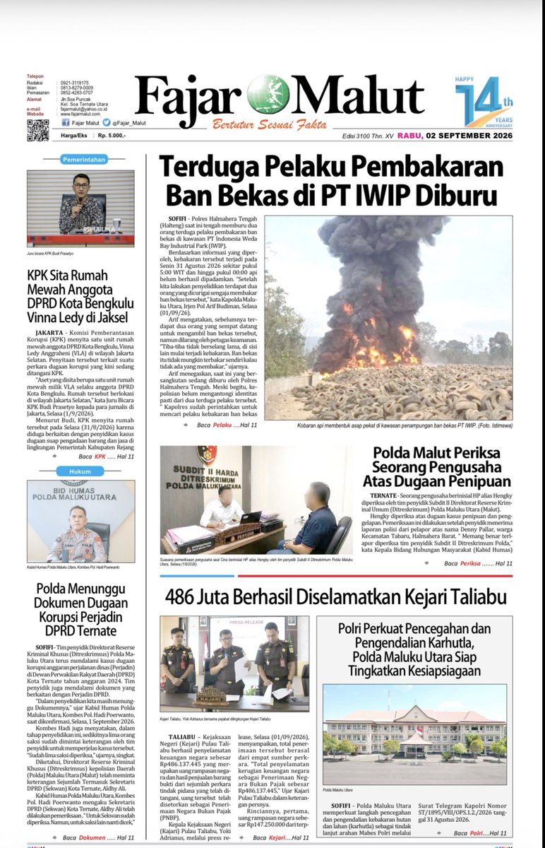 fajar_malut's tweet photo. Fajar Malut Edisi Rabu 02 September 2026 hadir Dengan Menyapa Nusantara.

#Fajarmalut  #Komdigi  #Lkbnantara  #Menyapanusantara https://t.co/cPaaSAuugt