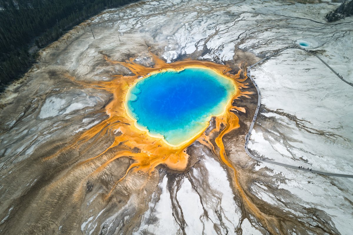 USGSVolcanoes's tweet photo. Yellowstone Volcano Observatory Monthly Update
September 1, 2026, 6:55 p.m. MDT

https://t.co/YgYlbUolVL

August summary:
▶️ background levels of activity
▶️ 61 located earthquakes (max=M2.0)
▶️ minor caldera uplift (about 1 cm, or a fraction of an inch, in 2026)
▶️ 2 eruptions of Giant Geyser (Upper Geyser Basin)
▶️ at Black Diamond Pool in Biscuit Basin, there were a few small eruptions and likely one large eruption (that occurred at night) in early-mid August

📷: Grand Prismatic Spring.  Photo by Jake Frank, Yellowstone National Park, August 7, 2026.