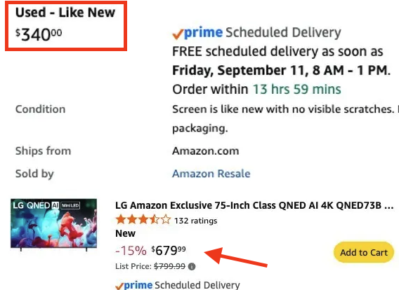 Pricerrors's tweet photo. $800 LG 75" QNED 4K TV FOR $340 ON AMAZON 

Select "Used - Like New" condition to see clearance

https://t.co/5Qv3sPta3z #ad  

Usually items have arrived brand new in the past 

Limited stock - should sell out quick https://t.co/OOijY03WA2