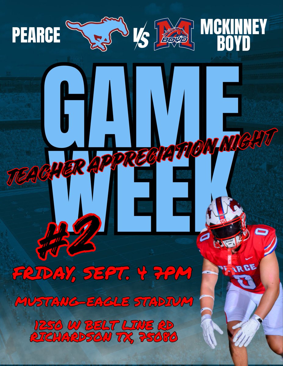 JJPMustangFB's tweet photo. Week 2! We celebrate our amazing teachers as we host McKinney Boyd this Friday, September 4th 7pm at Mustang-Eagle Stadium! 

#isi #fridaynightlights https://t.co/wo0Gx0agW6