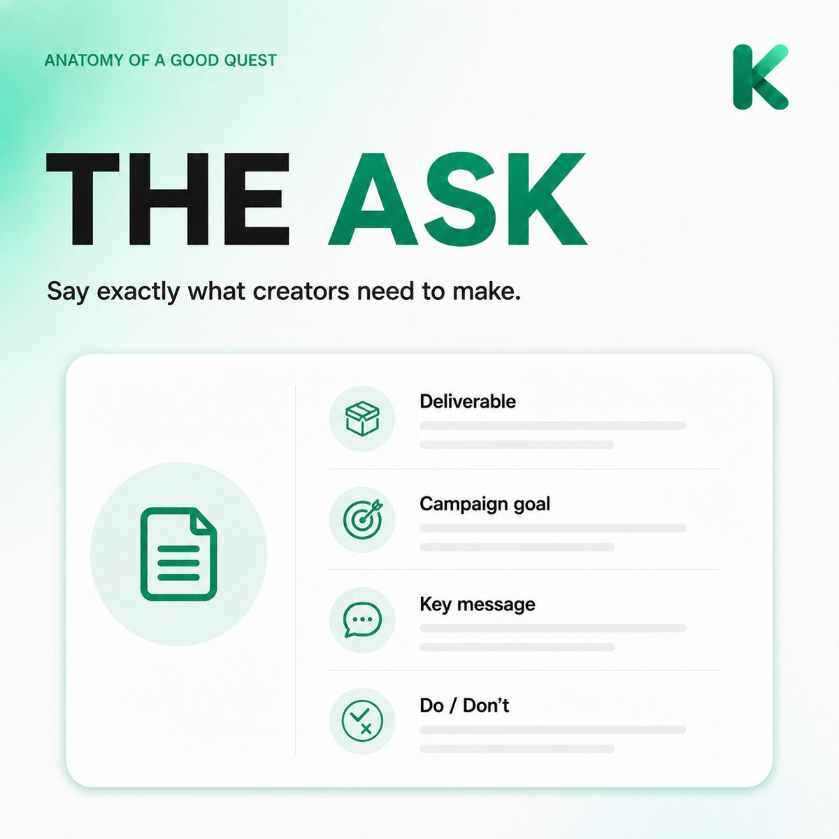 KOLsGuru's tweet photo. Creators don’t need another “quick collab?” DM.

They need a brief they can actually use.

A good paid social quest answers the important questions before anyone applies:

- What is the brand asking for?

- Which channels does it need?

- What topic and creator profile fit?

- When is the content due?

- What live link or proof must be submitted?

- How will the payout be completed after submission?

https://t.co/yZdQfvKueH puts the working details in one place. 🚀

Creators can decide whether the work suits their audience before applying. Brands can spend more time reviewing relevant applicants and less time repeating the basics in DMs. 😆

After the creator finishes the post and uploads the link, payout follows within 48 hours.

A clear brief respects everyone’s time.

Ready to meet creators with the right context?

(MORE IN COMMENT)