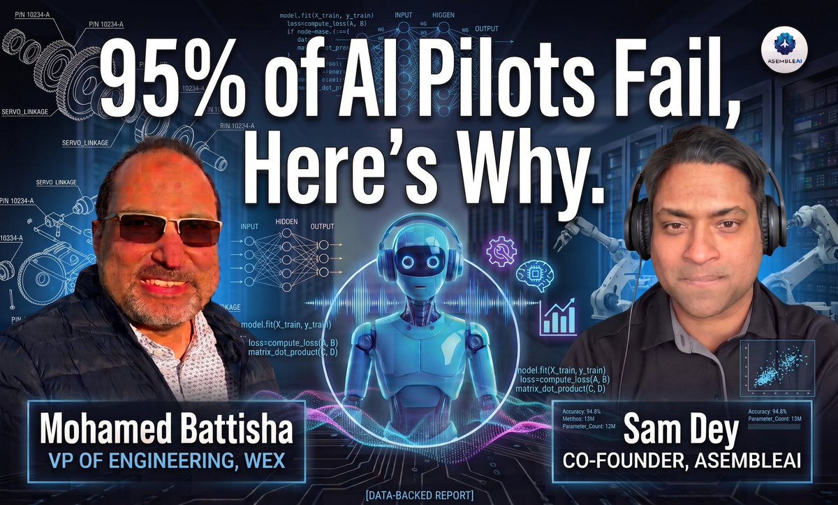 AsembleAI's tweet photo. 95% of AI Pilots Fail. Here's Why | Mohamed Battisha, VP of Engineering ... https://t.co/9C8DdkVzmP via @YouTube

🎙️Podcast links👇 

#AIPilot #AIEngineering #DataEngineering #Techpodcast #AIpodcast https://t.co/ZAMRzl1ptf