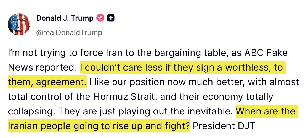 BullTheoryio's tweet photo. 🇺🇸 PRESIDENT TRUMP JUST NOW:

President Trump says he's NOT trying to force Iran to the bargaining table and "couldn't care less" if they sign a deal.

"When are the Iranian people going to rise up and fight?" https://t.co/zhRBCsqZ8x