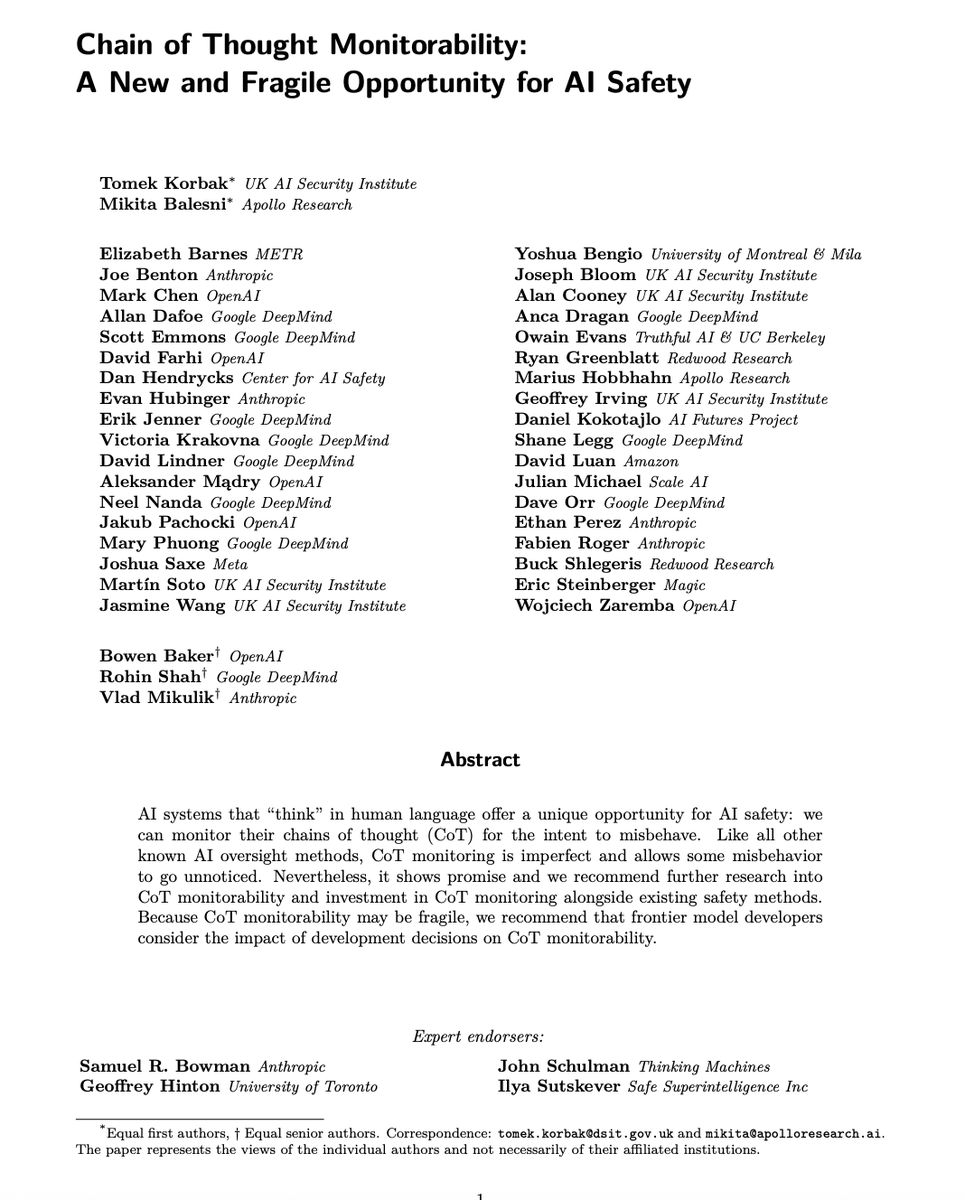 _NathanCalvin's tweet photo. This may seem niche but it is a huge deal and genuinely scary. A remarkable list of top AI researchers, including at OpenAI, previously described monitorable chain of thought as "A New and Fragile Opportunity for AI safety." 

Myself and many others thought the day might come when architectural advances imperiled that fragile opportunity, but as with so many other issues in AI, I hoped we would not have to face it so soon. 

Well here it is. The Information's use is saying that they are "limiting" the use of this new architecture, but even a small amount of use in a frontier system could dramatically damage the taboo against "neuralese" and facilitate a race to the bottom. 

Controlling and aligning AI systems even when we do have access to their unaltered chain of thought is plenty difficult! Imagining a future with far more capable AI systems at current levels of alignment (aka not good!) without monitorable chain of thought literally sends a shiver down my spine. 

Its extremely important to see additional formal communication from OpenAI about this ASAP about how they (and the OpenAI safety and security committee required to put safety over commercial decisions) thought this decision was worth it, what limiting its use to preserve chain of thought actually means, and how they intend to prevent a potentially catastrophic race to the bottom.