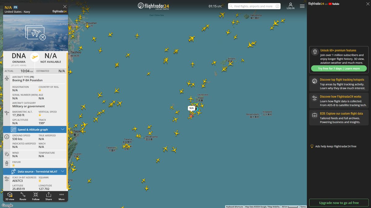 AIYeyENGDdJkjTr's tweet photo. Sept. 2, 2026
#Okinawa Kadena Air Base ==> #South China Sea 

#NoCALLSIGN #AE67C3 USN P-8A Poseidon 
#NoCALLSIGN #AE0141 USAF KC-135T Stratotanker https://t.co/m5wgV1O8iq