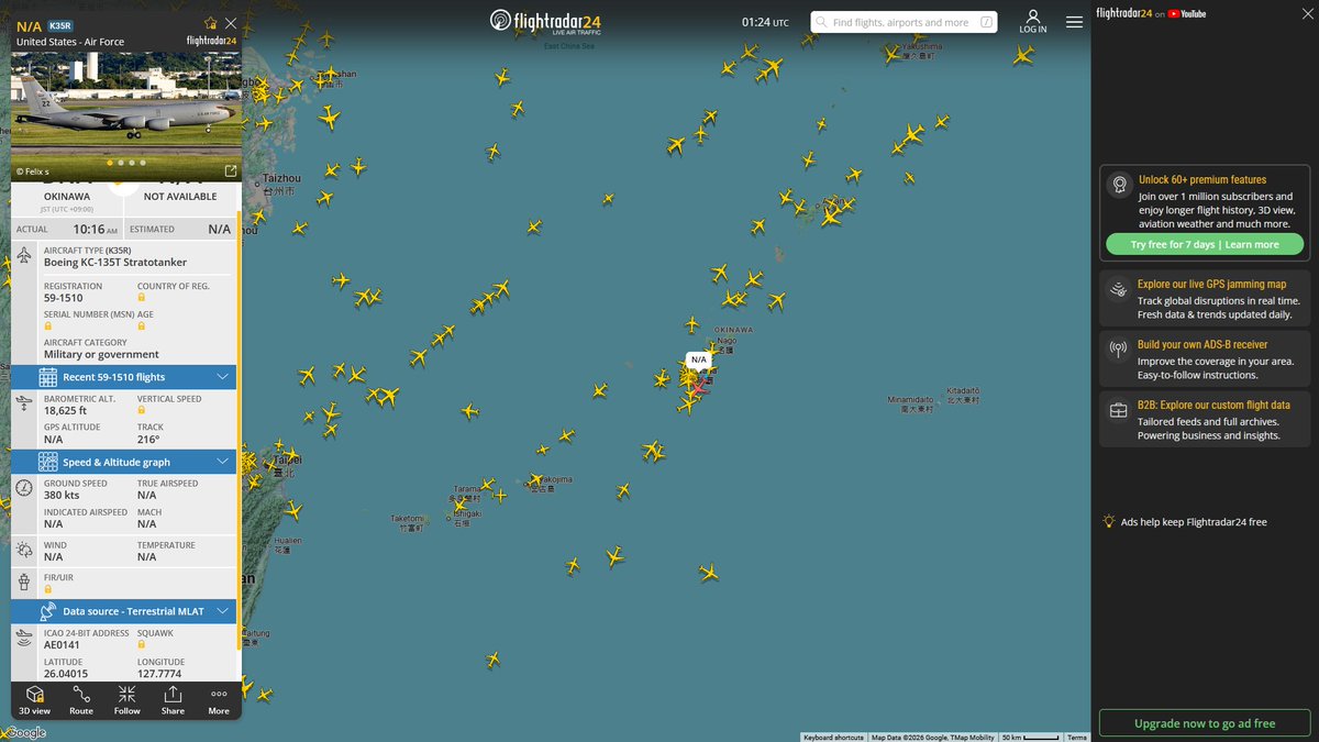AIYeyENGDdJkjTr's tweet photo. Sept. 2, 2026
#Okinawa Kadena Air Base ==> #South China Sea 

#NoCALLSIGN #AE67C3 USN P-8A Poseidon 
#NoCALLSIGN #AE0141 USAF KC-135T Stratotanker https://t.co/m5wgV1O8iq