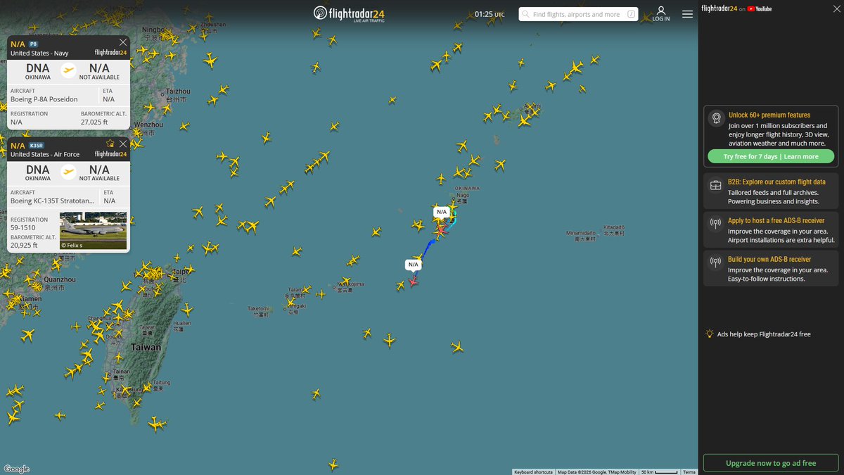 AIYeyENGDdJkjTr's tweet photo. Sept. 2, 2026
#Okinawa Kadena Air Base ==> #South China Sea 

#NoCALLSIGN #AE67C3 USN P-8A Poseidon 
#NoCALLSIGN #AE0141 USAF KC-135T Stratotanker https://t.co/m5wgV1O8iq