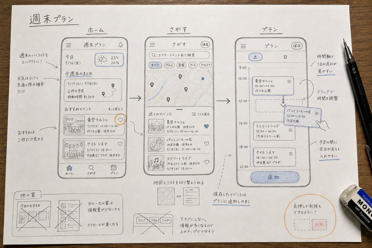 momotarabitch's tweet photo. 気づいてしまったかもなのだが、AIでUIデザインするとき、手書きスケッチにするとAI臭いビジュアルや情報設計が消えるのに加えて、表現できるインタラクションが増えるなどして、創造性が上がりそう？

ChatGPT Images 2.0 https://t.co/h8VP3LQQR9