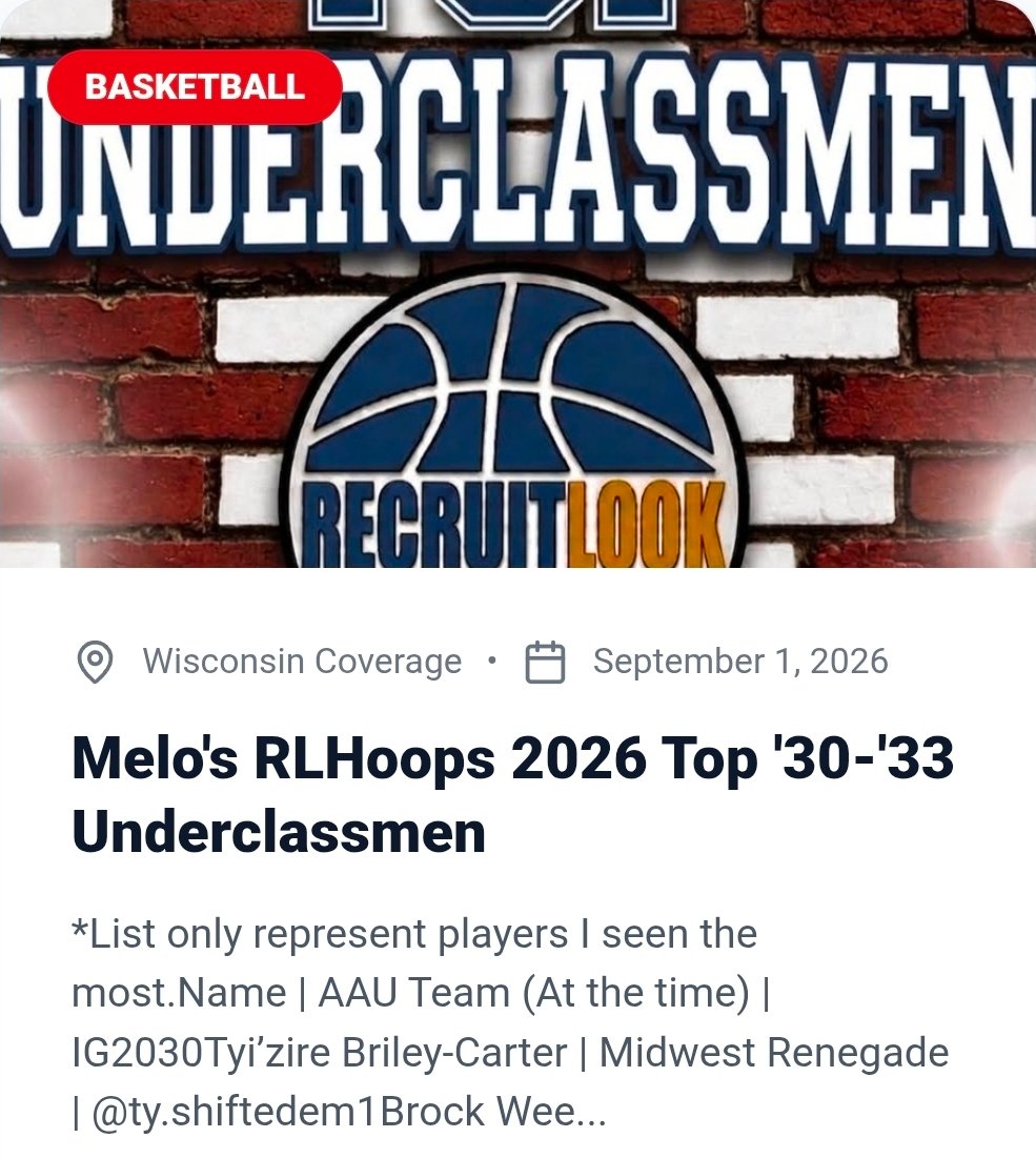 _melowilliams's tweet photo. #RLHoops '26 Top '30-'33 Underclassmen 📈

Some notable ✍️🏾 prospects 

'30
Tyi'zire Briley-Carter | Midwest Renegade
Brock Weeden | WI Academy 

'31
Kasen McCarter | Run GMC
Bryson Jones | SW IL Jets 

'32
Steph Chapman | Chapman Basketball 

Full List ⬇️ 
https://t.co/pM5XzqFT2Q https://t.co/0kT50rNKv5