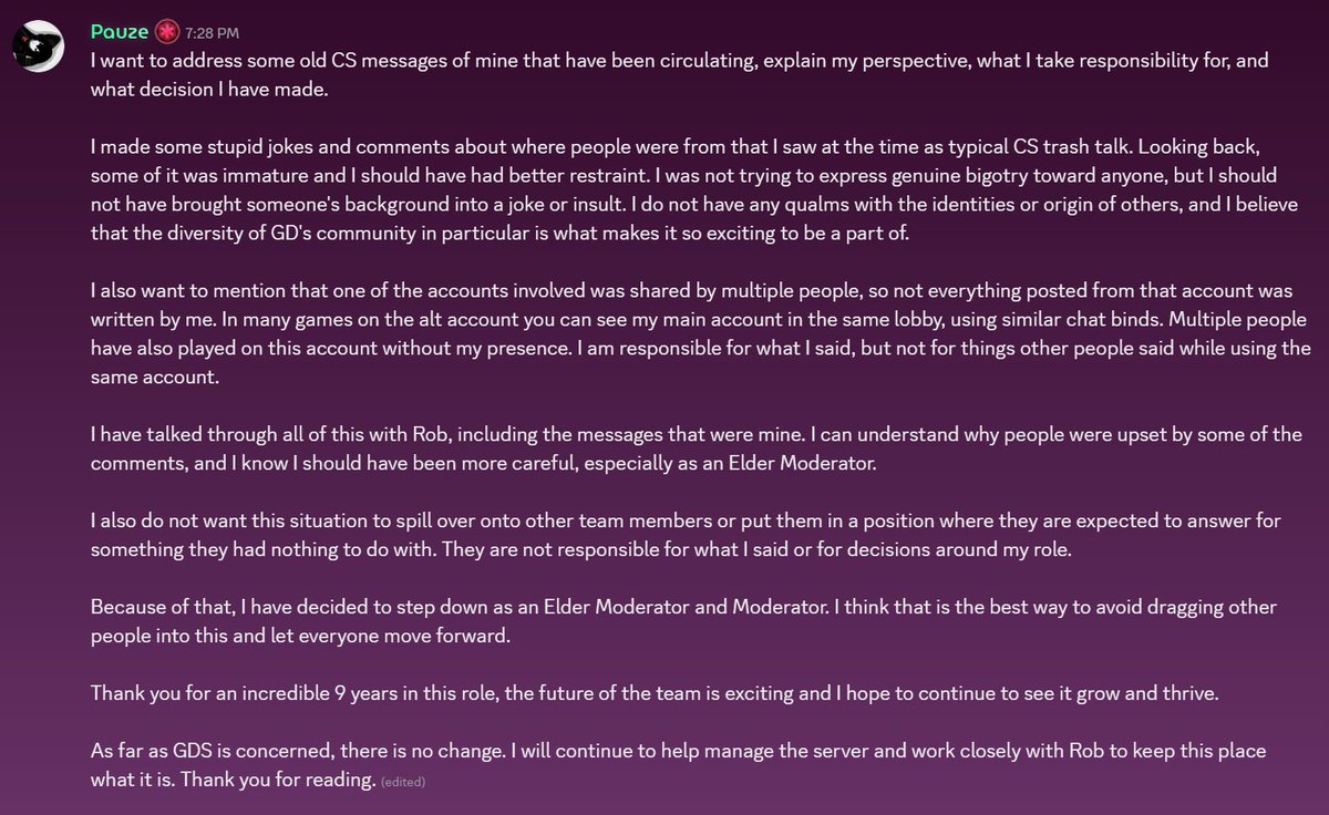livyoshi_'s tweet photo. Following the CS:GO message controversy, Pauze has resigned from his position as GD moderator.

He will still be running the official GD Discord server. https://t.co/XMkVPfK5ZM