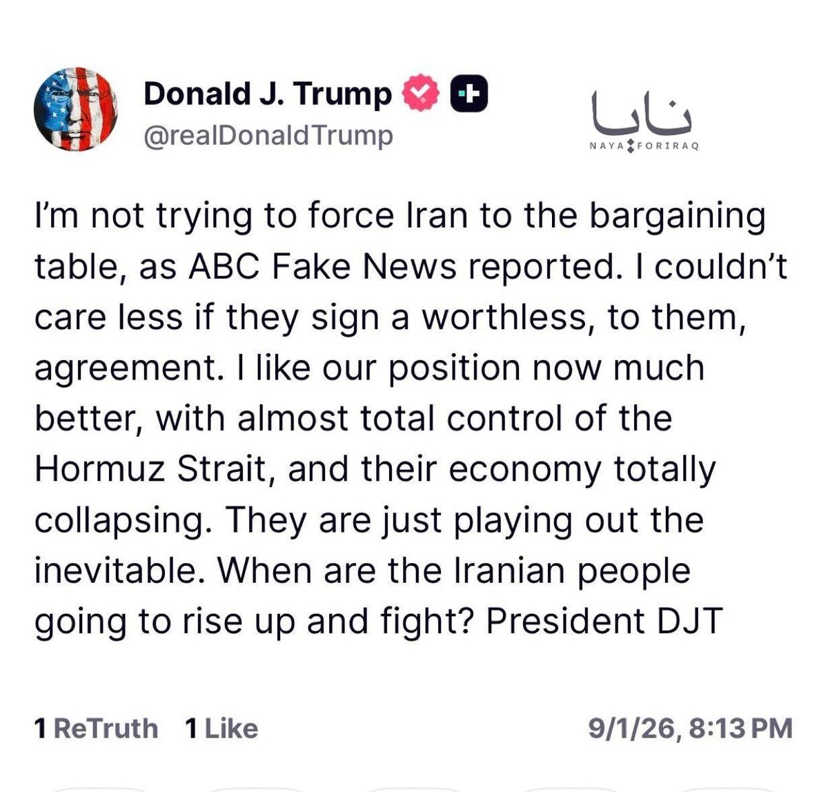 Bushra1Shaikh's tweet photo. The Orange buffoon thinks that after a U.S. bombing campaign that has killed thousands of Iranians, including children, Iranians will rise up and fight for him against their own government.

Bomb a country, kill its people, then expect them to welcome you as their liberator.

Imperial delusion.

Americans should rise up and throw this clown president out.