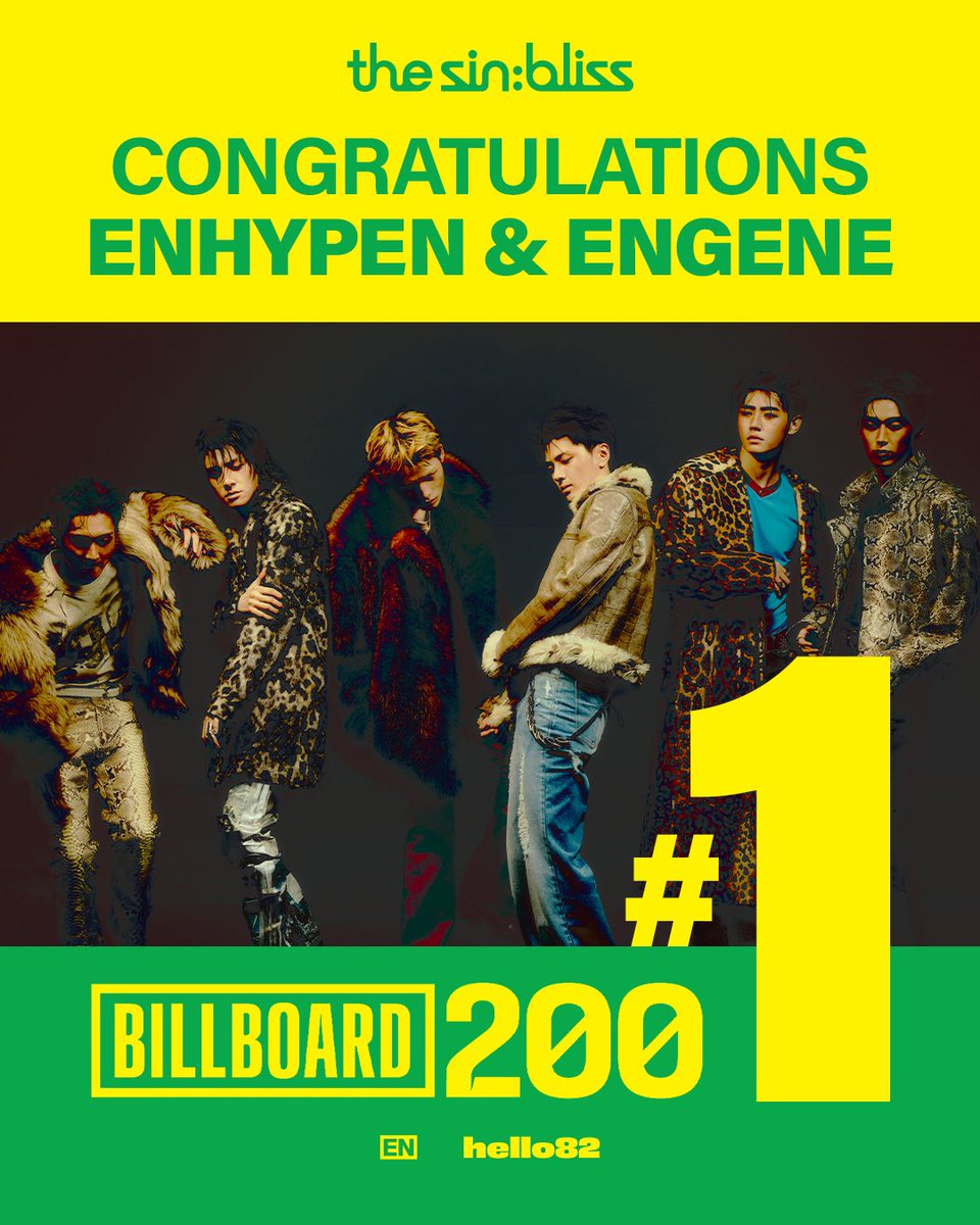 hello82official's tweet photo. ENHYPEN personally brought paradise to the Billboard 200 with their new album release, THE SIN : BLISS! 

They became the Highlight of the chart all thanks to you, ENGENE!

Congratulations to ENHYPEN and ENGENE for claiming their first No. 1 on the charts!

@ENHYPEN 
#ENHYPEN #엔하이픈 #THE_SIN_BLISS #hello82