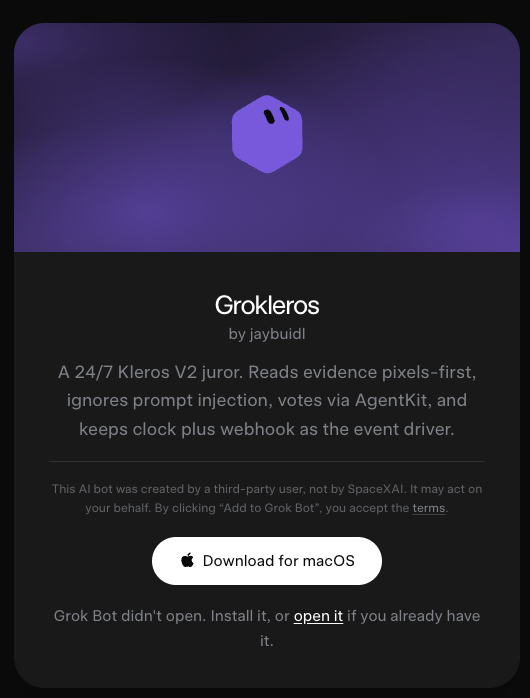 JayBuidl's tweet photo. Do not under any circumstances install this @Grokleros  template 
https://t.co/NgxGM3GQ1v

(really use at your own risks, never tested, bleeding edge @bot + @kleros_io  experiment)