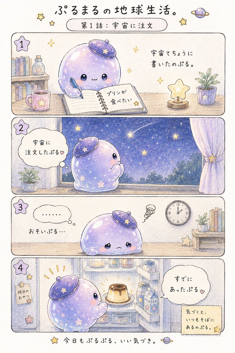 _sudeniaru110's tweet photo. ぷるまるの地球���活。第1話🌎🪐

宇宙にお願いしてみたぷる。 まだかな、まだかな……。
……と思ったら？🍮

欲しいものって、意外ともう近くにあるのかも。

#ぷるまる #宇宙てちょう
#引き寄せの法則　#宇宙の法則　#4コマ漫画 https://t.co/QjFjELDin4
