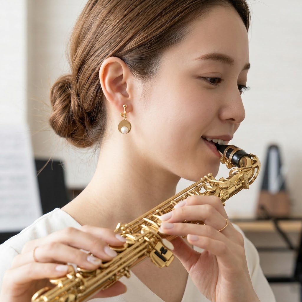RSonorite's tweet photo. で、
最近背景をAIに頼るのですが
イヤリングをつけた女性にサックスを吹かせてって指示したらこれ😆 大笑  AIにサックスはこうやって持つんだよと教えてあげた✨なんかちょっと優越感笑 https://t.co/7zx93u9v51