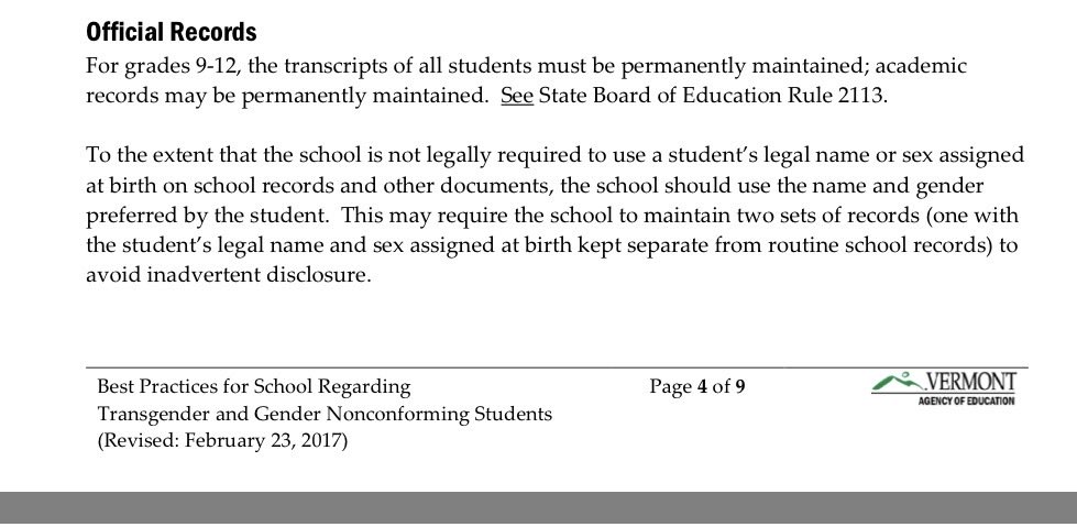 honestERdoc's tweet photo. @AAGDhillon @JanuaryDoNoHarm @TheJusticeDept @CivilRights VT “best practices” for schools involves creating two sets of records to “avoid inadvertent disclosure” of a student’s gender transition. 
How is this not fraud?

https://t.co/9gwzfHeXh6 https://t.co/l5waQfmvJa