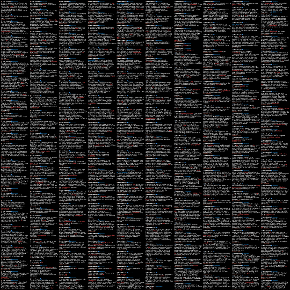 Wallface's tweet photo. Posting this again, hoping X won't make it look deleted this time.
Here are 1,001 posts from a random dude accusing someone of lying or pushing propaganda. https://t.co/jNOtxwyOXB