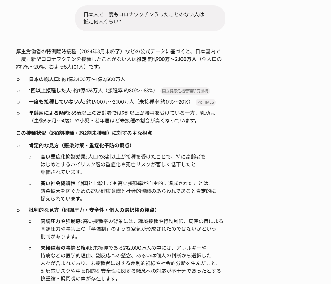 rapirapio's tweet photo. コロナワクチン接種がなんか久々トレンドに入って
たのでつい、おいらと同じく

「日本人でコロナワクチン打った事ない人て何人?」

くらいいるのかAIさんに聞いたら
5人に１人くらいか～ https://t.co/v75fhtW1I6